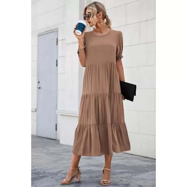 imagePRETTYGARDEN Womens Summer Casual Boho Dress Floral Print Ruffle Puff Sleeve High Waist Midi Beach DressesSolid Dark Khaki