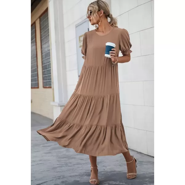 imagePRETTYGARDEN Womens Summer Casual Boho Dress Floral Print Ruffle Puff Sleeve High Waist Midi Beach DressesSolid Dark Khaki