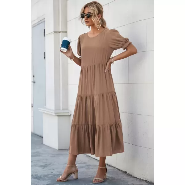 imagePRETTYGARDEN Womens Summer Casual Boho Dress Floral Print Ruffle Puff Sleeve High Waist Midi Beach DressesSolid Dark Khaki