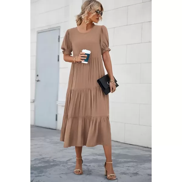imagePRETTYGARDEN Womens Summer Casual Boho Dress Floral Print Ruffle Puff Sleeve High Waist Midi Beach DressesSolid Dark Khaki