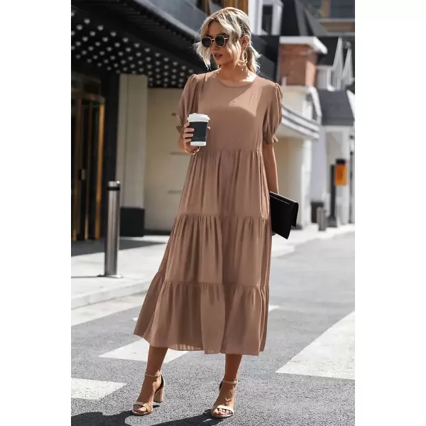 imagePRETTYGARDEN Womens Summer Casual Boho Dress Floral Print Ruffle Puff Sleeve High Waist Midi Beach DressesSolid Dark Khaki