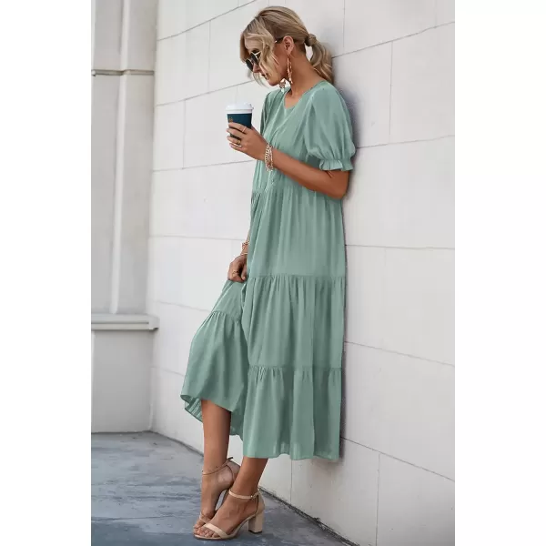 imagePRETTYGARDEN Womens Summer Casual Boho Dress Floral Print Ruffle Puff Sleeve High Waist Midi Beach DressesSolid Green