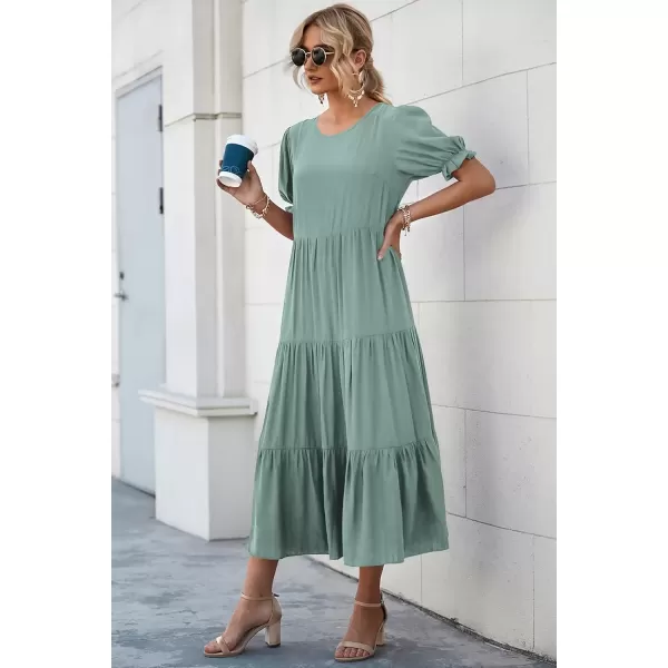 imagePRETTYGARDEN Womens Summer Casual Boho Dress Floral Print Ruffle Puff Sleeve High Waist Midi Beach DressesSolid Green