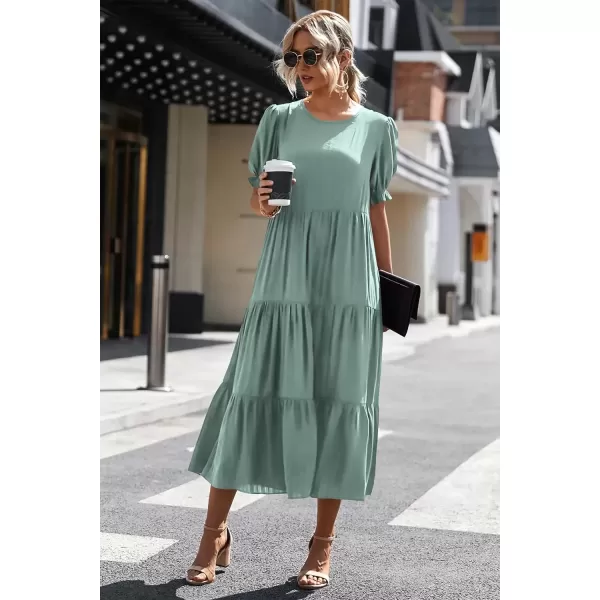 imagePRETTYGARDEN Womens Summer Casual Boho Dress Floral Print Ruffle Puff Sleeve High Waist Midi Beach DressesSolid Green