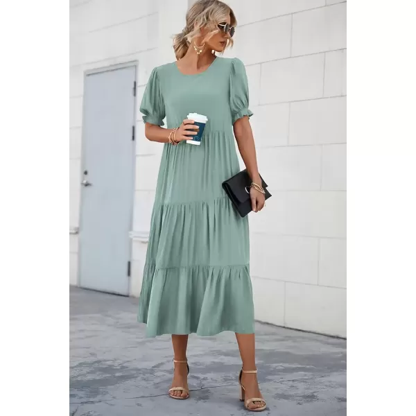 imagePRETTYGARDEN Womens Summer Casual Boho Dress Floral Print Ruffle Puff Sleeve High Waist Midi Beach DressesSolid Green
