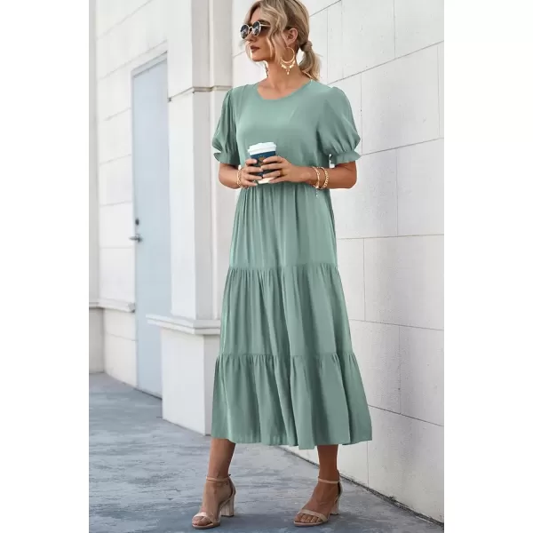 imagePRETTYGARDEN Womens Summer Casual Boho Dress Floral Print Ruffle Puff Sleeve High Waist Midi Beach DressesSolid Green