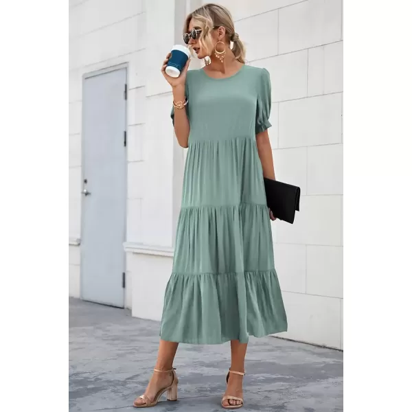 imagePRETTYGARDEN Womens Summer Casual Boho Dress Floral Print Ruffle Puff Sleeve High Waist Midi Beach DressesSolid Green