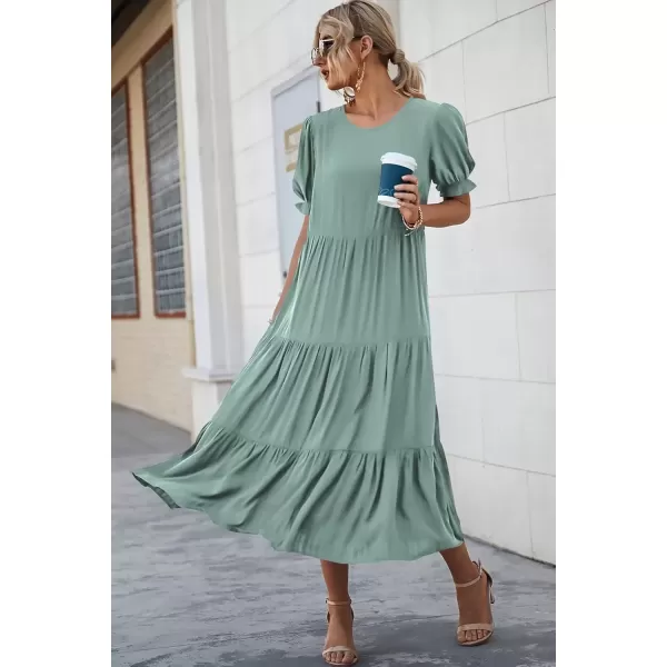 imagePRETTYGARDEN Womens Summer Casual Boho Dress Floral Print Ruffle Puff Sleeve High Waist Midi Beach DressesSolid Green