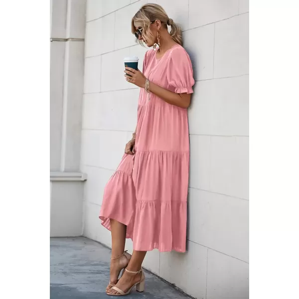 imagePRETTYGARDEN Womens Summer Casual Boho Dress Floral Print Ruffle Puff Sleeve High Waist Midi Beach DressesSolid Grey Pink