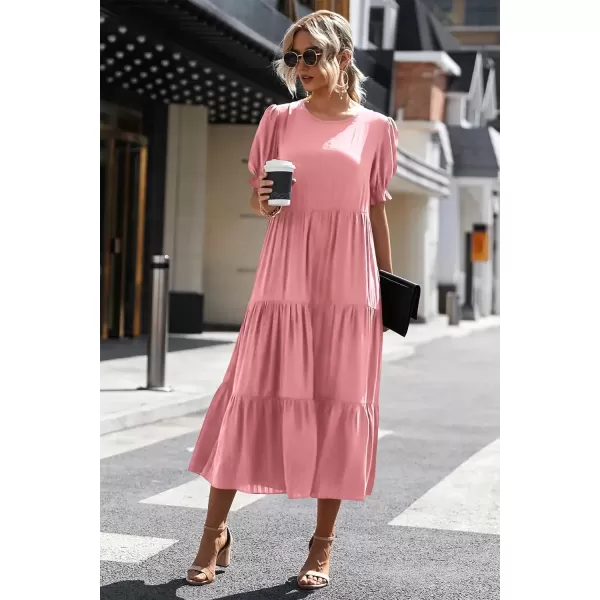 imagePRETTYGARDEN Womens Summer Casual Boho Dress Floral Print Ruffle Puff Sleeve High Waist Midi Beach DressesSolid Grey Pink