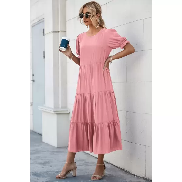 imagePRETTYGARDEN Womens Summer Casual Boho Dress Floral Print Ruffle Puff Sleeve High Waist Midi Beach DressesSolid Grey Pink