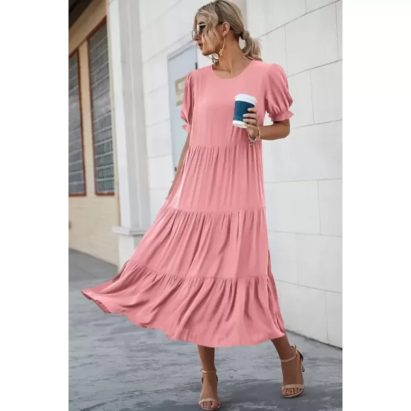 imagePRETTYGARDEN Womens Summer Casual Boho Dress Floral Print Ruffle Puff Sleeve High Waist Midi Beach DressesSolid Grey Pink