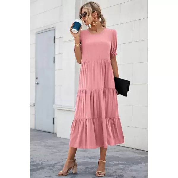 imagePRETTYGARDEN Womens Summer Casual Boho Dress Floral Print Ruffle Puff Sleeve High Waist Midi Beach DressesSolid Grey Pink