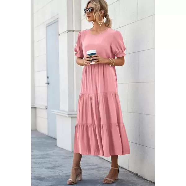 imagePRETTYGARDEN Womens Summer Casual Boho Dress Floral Print Ruffle Puff Sleeve High Waist Midi Beach DressesSolid Grey Pink