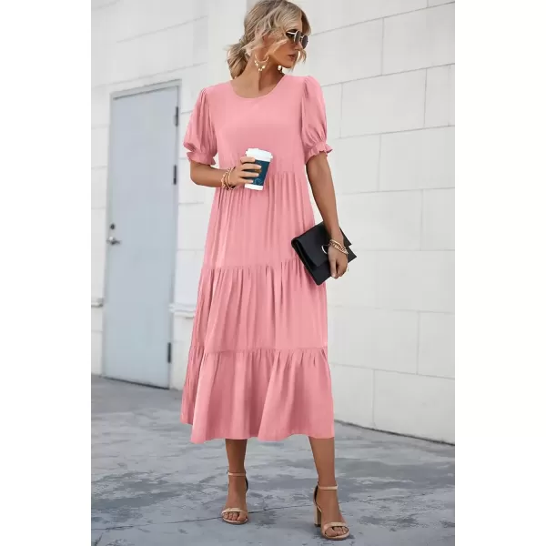 imagePRETTYGARDEN Womens Summer Casual Boho Dress Floral Print Ruffle Puff Sleeve High Waist Midi Beach DressesSolid Grey Pink