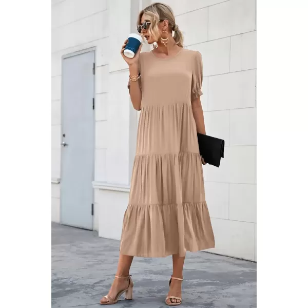 imagePRETTYGARDEN Womens Summer Casual Boho Dress Floral Print Ruffle Puff Sleeve High Waist Midi Beach DressesSolid Khaki