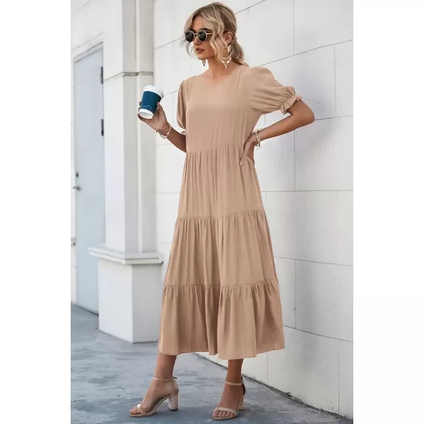 imagePRETTYGARDEN Womens Summer Casual Boho Dress Floral Print Ruffle Puff Sleeve High Waist Midi Beach DressesSolid Khaki