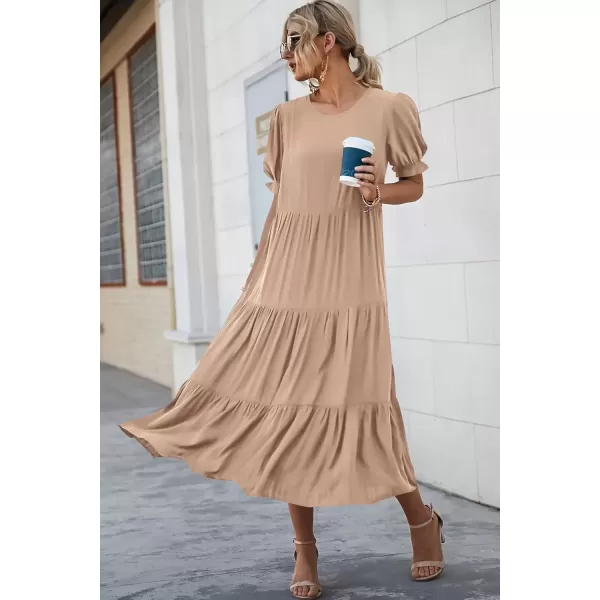 imagePRETTYGARDEN Womens Summer Casual Boho Dress Floral Print Ruffle Puff Sleeve High Waist Midi Beach DressesSolid Khaki