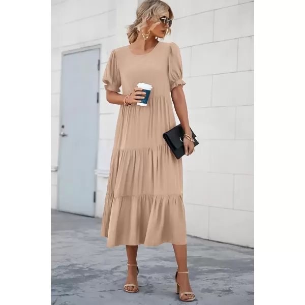 imagePRETTYGARDEN Womens Summer Casual Boho Dress Floral Print Ruffle Puff Sleeve High Waist Midi Beach DressesSolid Khaki