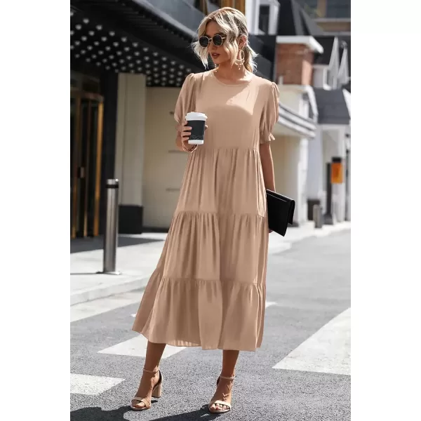 imagePRETTYGARDEN Womens Summer Casual Boho Dress Floral Print Ruffle Puff Sleeve High Waist Midi Beach DressesSolid Khaki