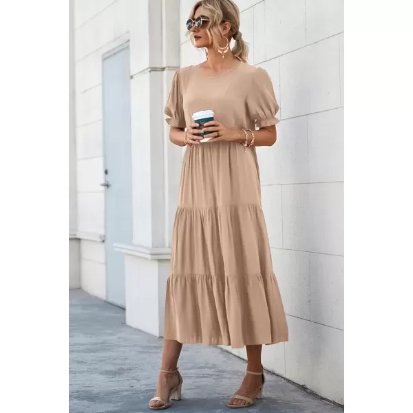 imagePRETTYGARDEN Womens Summer Casual Boho Dress Floral Print Ruffle Puff Sleeve High Waist Midi Beach DressesSolid Khaki
