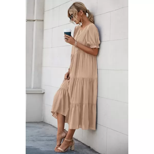 imagePRETTYGARDEN Womens Summer Casual Boho Dress Floral Print Ruffle Puff Sleeve High Waist Midi Beach DressesSolid Khaki