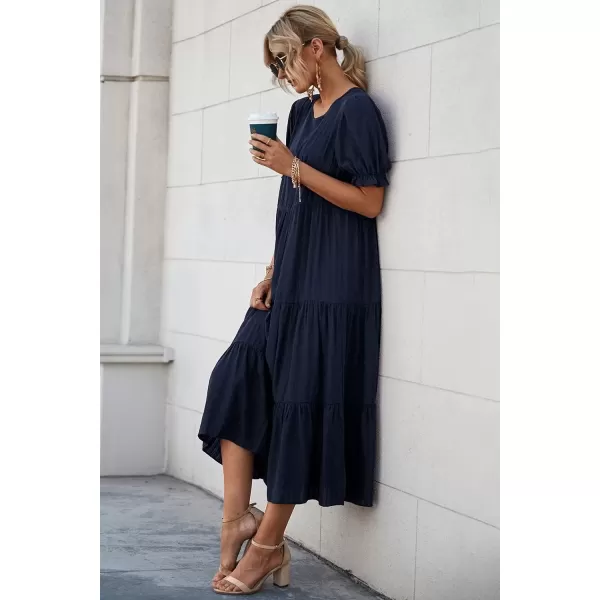 imagePRETTYGARDEN Womens Summer Casual Boho Dress Floral Print Ruffle Puff Sleeve High Waist Midi Beach DressesSolid Navy