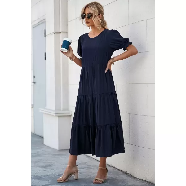 imagePRETTYGARDEN Womens Summer Casual Boho Dress Floral Print Ruffle Puff Sleeve High Waist Midi Beach DressesSolid Navy