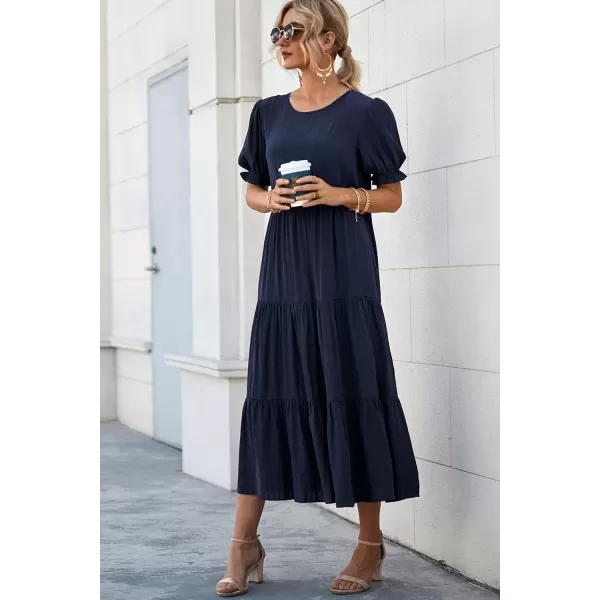 imagePRETTYGARDEN Womens Summer Casual Boho Dress Floral Print Ruffle Puff Sleeve High Waist Midi Beach DressesSolid Navy