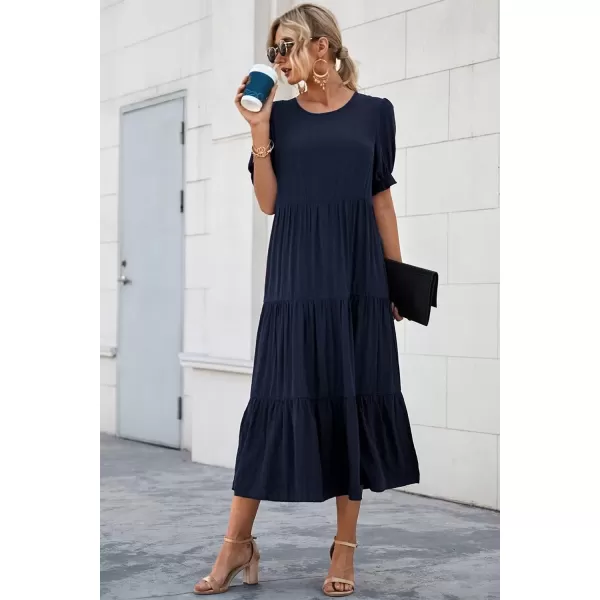 imagePRETTYGARDEN Womens Summer Casual Boho Dress Floral Print Ruffle Puff Sleeve High Waist Midi Beach DressesSolid Navy