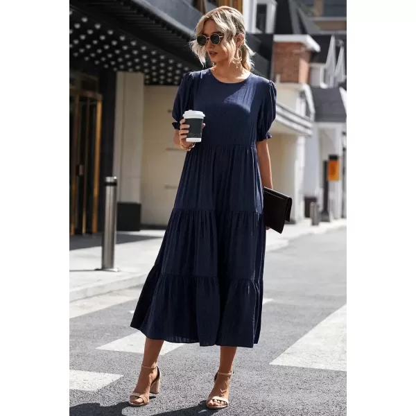 imagePRETTYGARDEN Womens Summer Casual Boho Dress Floral Print Ruffle Puff Sleeve High Waist Midi Beach DressesSolid Navy