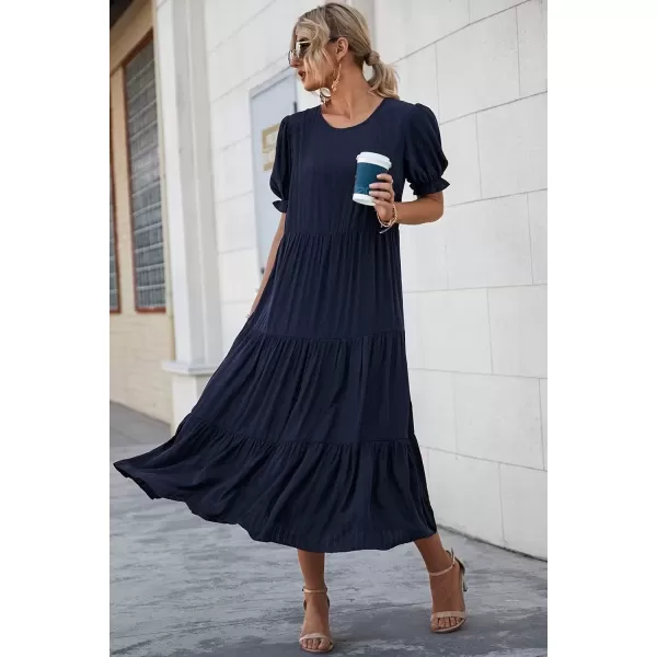 imagePRETTYGARDEN Womens Summer Casual Boho Dress Floral Print Ruffle Puff Sleeve High Waist Midi Beach DressesSolid Navy
