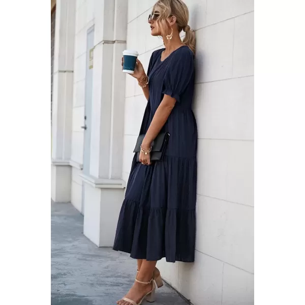 imagePRETTYGARDEN Womens Summer Casual Boho Dress Floral Print Ruffle Puff Sleeve High Waist Midi Beach DressesSolid Navy