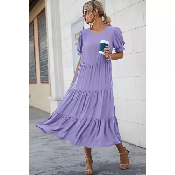 imagePRETTYGARDEN Womens Summer Casual Boho Dress Floral Print Ruffle Puff Sleeve High Waist Midi Beach DressesSolid Purple