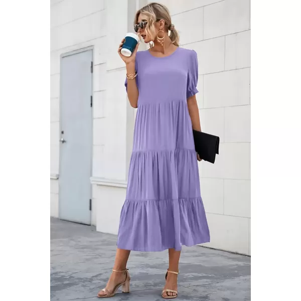 imagePRETTYGARDEN Womens Summer Casual Boho Dress Floral Print Ruffle Puff Sleeve High Waist Midi Beach DressesSolid Purple