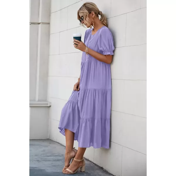 imagePRETTYGARDEN Womens Summer Casual Boho Dress Floral Print Ruffle Puff Sleeve High Waist Midi Beach DressesSolid Purple