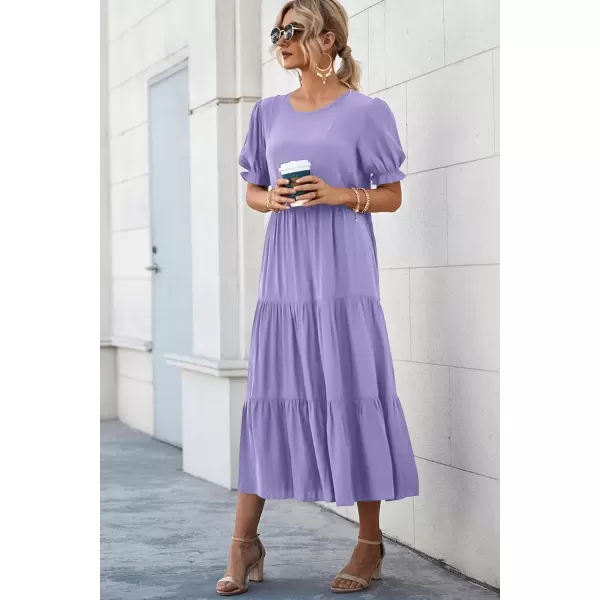 imagePRETTYGARDEN Womens Summer Casual Boho Dress Floral Print Ruffle Puff Sleeve High Waist Midi Beach DressesSolid Purple