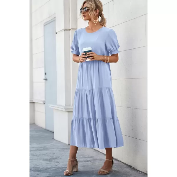 imagePRETTYGARDEN Womens Summer Casual Boho Dress Floral Print Ruffle Puff Sleeve High Waist Midi Beach DressesSolid Sky Blue