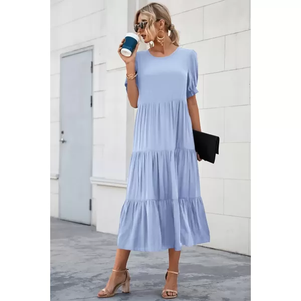 imagePRETTYGARDEN Womens Summer Casual Boho Dress Floral Print Ruffle Puff Sleeve High Waist Midi Beach DressesSolid Sky Blue