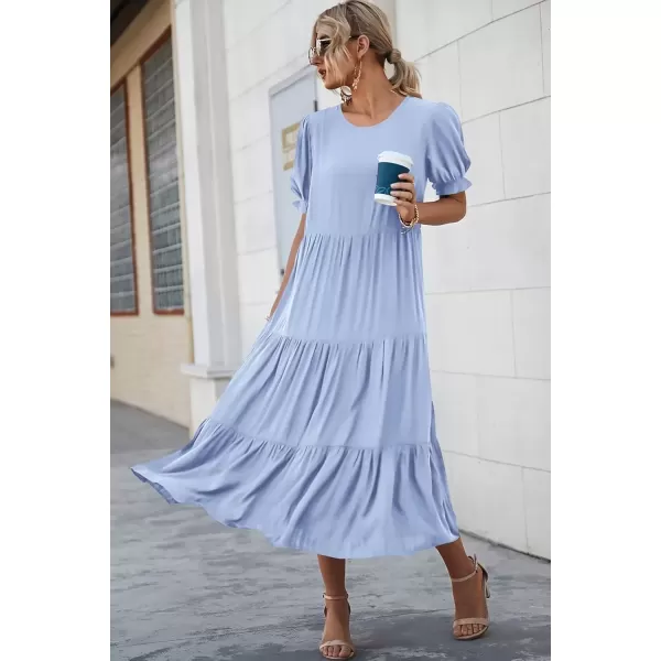 imagePRETTYGARDEN Womens Summer Casual Boho Dress Floral Print Ruffle Puff Sleeve High Waist Midi Beach DressesSolid Sky Blue