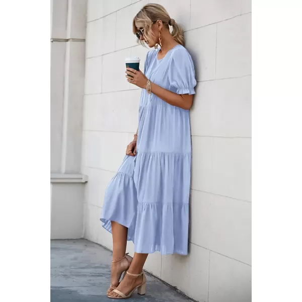 imagePRETTYGARDEN Womens Summer Casual Boho Dress Floral Print Ruffle Puff Sleeve High Waist Midi Beach DressesSolid Sky Blue