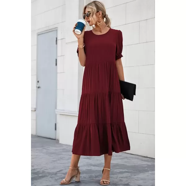 imagePRETTYGARDEN Womens Summer Casual Boho Dress Floral Print Ruffle Puff Sleeve High Waist Midi Beach DressesWine Red