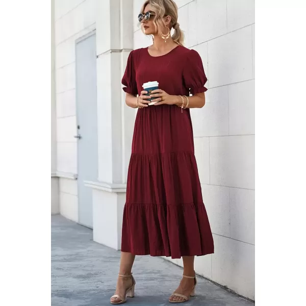 imagePRETTYGARDEN Womens Summer Casual Boho Dress Floral Print Ruffle Puff Sleeve High Waist Midi Beach DressesWine Red