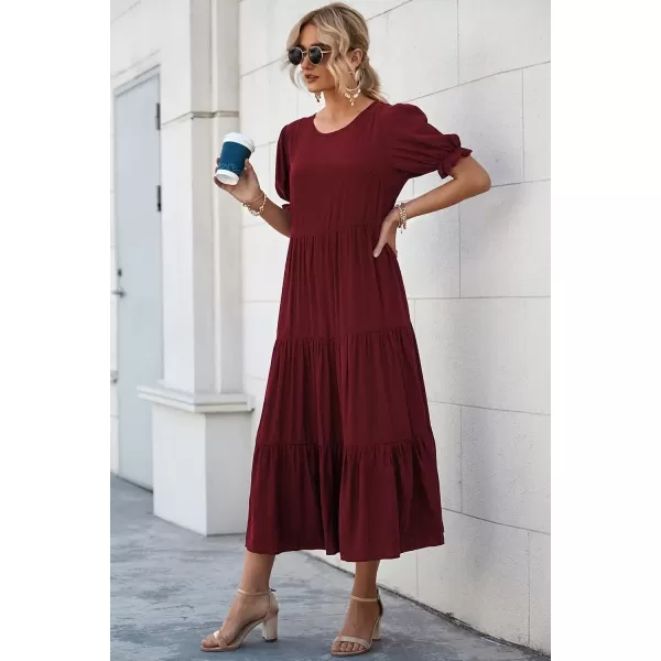 imagePRETTYGARDEN Womens Summer Casual Boho Dress Floral Print Ruffle Puff Sleeve High Waist Midi Beach DressesWine Red
