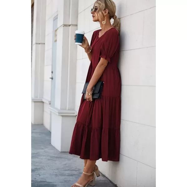 imagePRETTYGARDEN Womens Summer Casual Boho Dress Floral Print Ruffle Puff Sleeve High Waist Midi Beach DressesWine Red