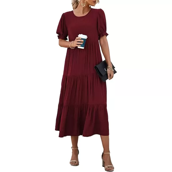 imagePRETTYGARDEN Womens Summer Casual Boho Dress Floral Print Ruffle Puff Sleeve High Waist Midi Beach DressesWine Red