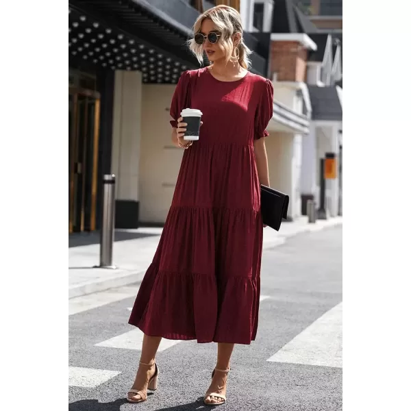 imagePRETTYGARDEN Womens Summer Casual Boho Dress Floral Print Ruffle Puff Sleeve High Waist Midi Beach DressesWine Red