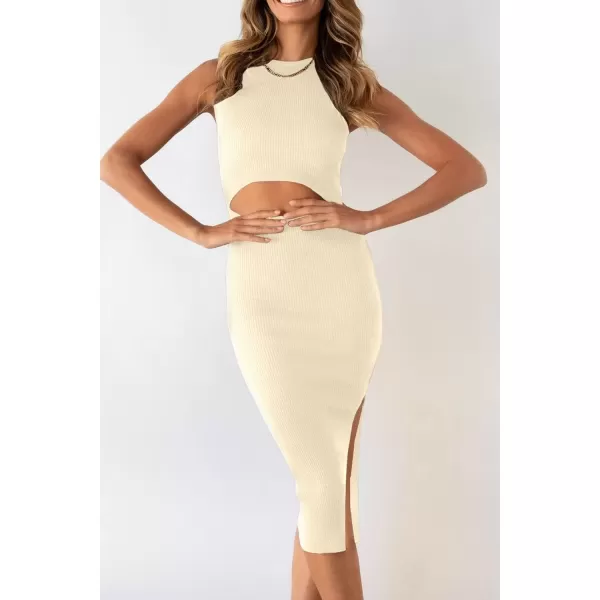 imagePRETTYGARDEN Womens Summer Midi Bodycon Dresses Casual Crew Neck Side Slit Sleeveless Knit Cut Out Tank Top DressApricot