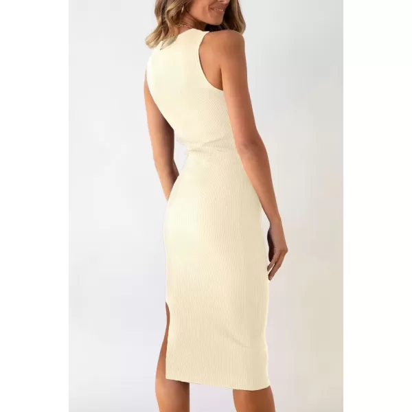 imagePRETTYGARDEN Womens Summer Midi Bodycon Dresses Casual Crew Neck Side Slit Sleeveless Knit Cut Out Tank Top DressApricot