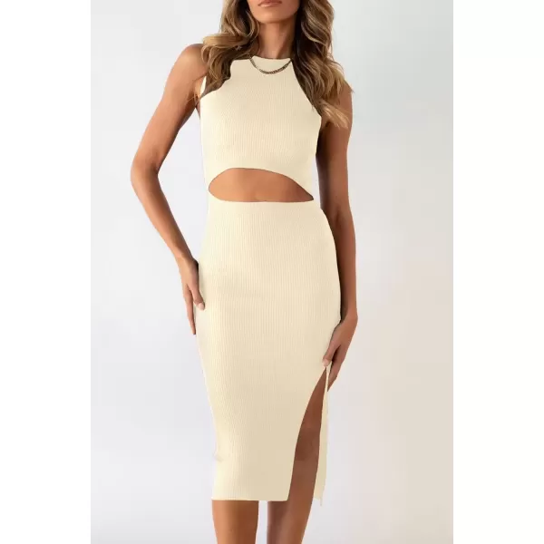 imagePRETTYGARDEN Womens Summer Midi Bodycon Dresses Casual Crew Neck Side Slit Sleeveless Knit Cut Out Tank Top DressApricot